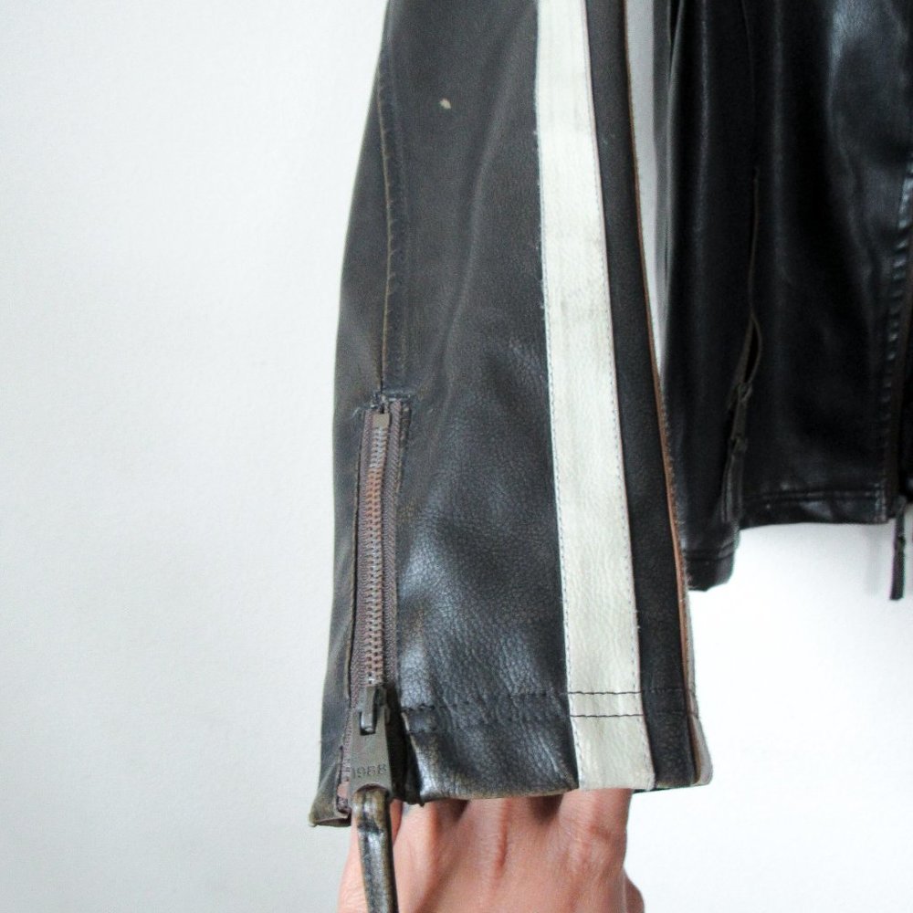 VINTAGE 90s Faux Leather Moto Jacket Sporty Stripes Size Men's M or Womens M/L - Picture 10 of 16